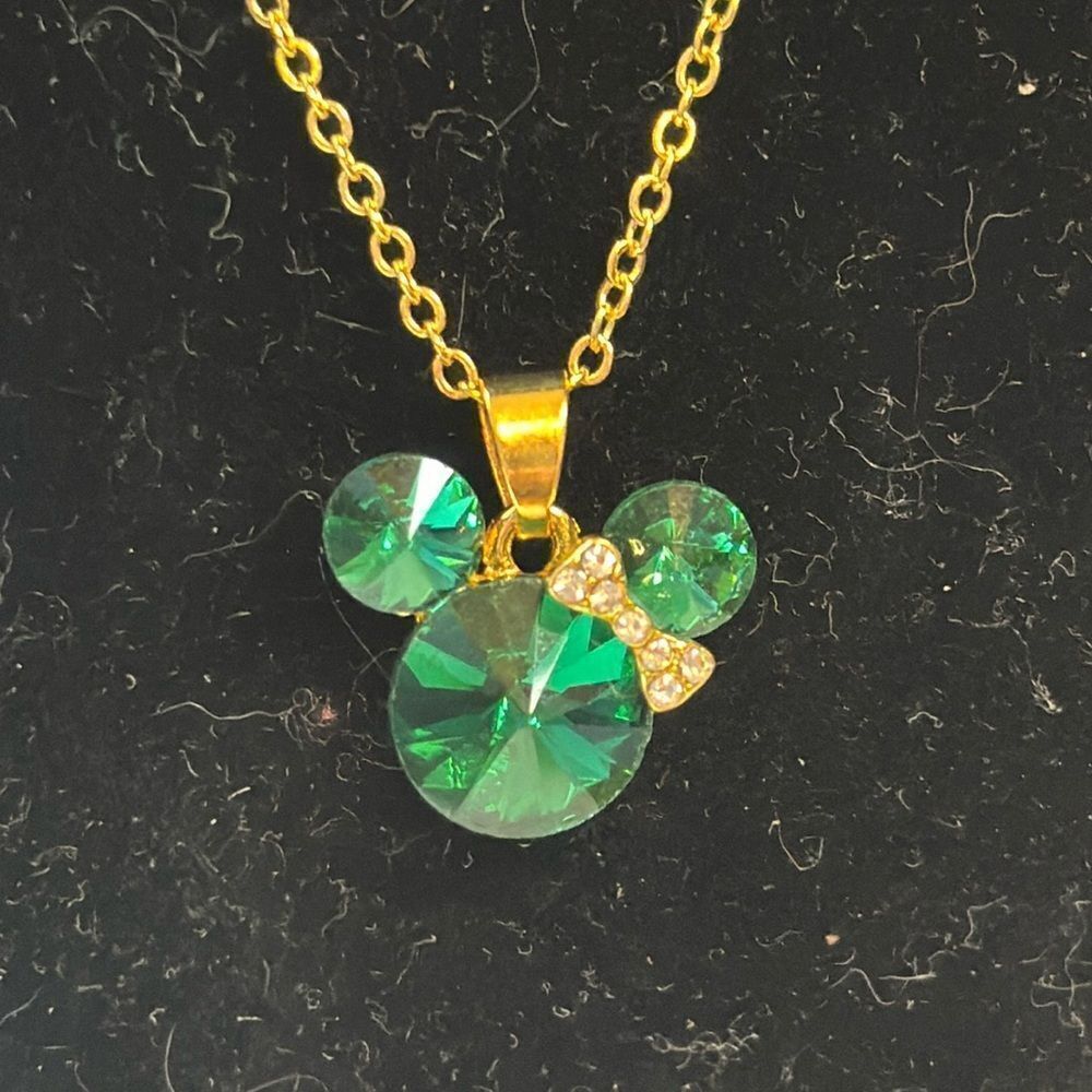 Gold tone and green stone Minney Mouse rhinestone chain necklace 18-19.5”